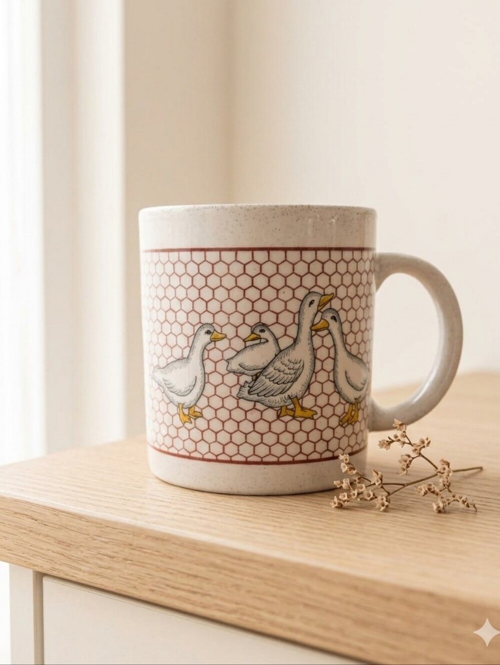 White Ceramic Mug with Goose Row and Honeycomb Pattern
